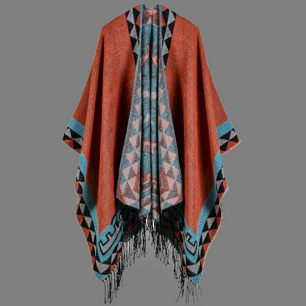 Women Ethnic Faux Wool Shawl Cloak Cape Boho Coat Poncho Cardigan Jacket Casual